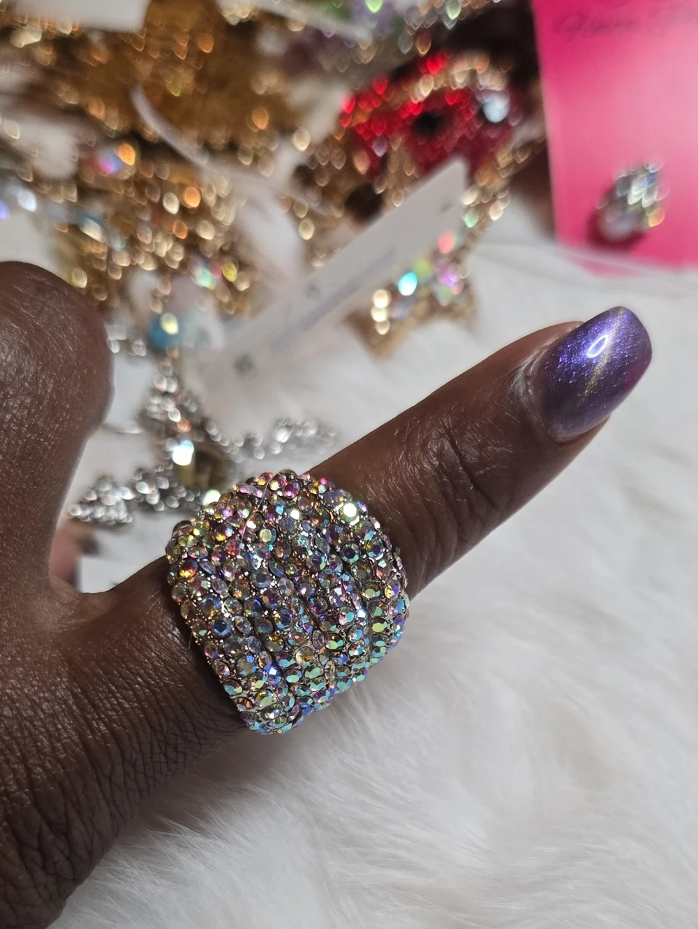 Crystal Pavé AB Dome Cocktail Adjustable Ring NWT